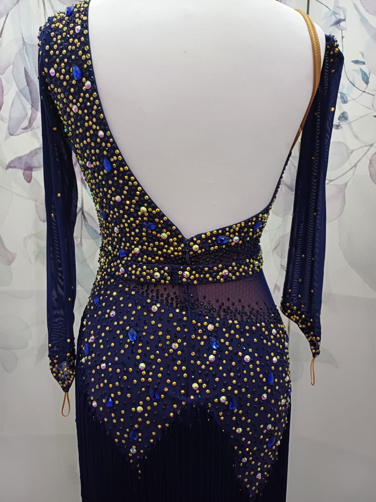28L Navy Blue & Good Competition Latin Dance Dress. Optional Belt, fringed skirts. 1 sleeve & 1 Glove
