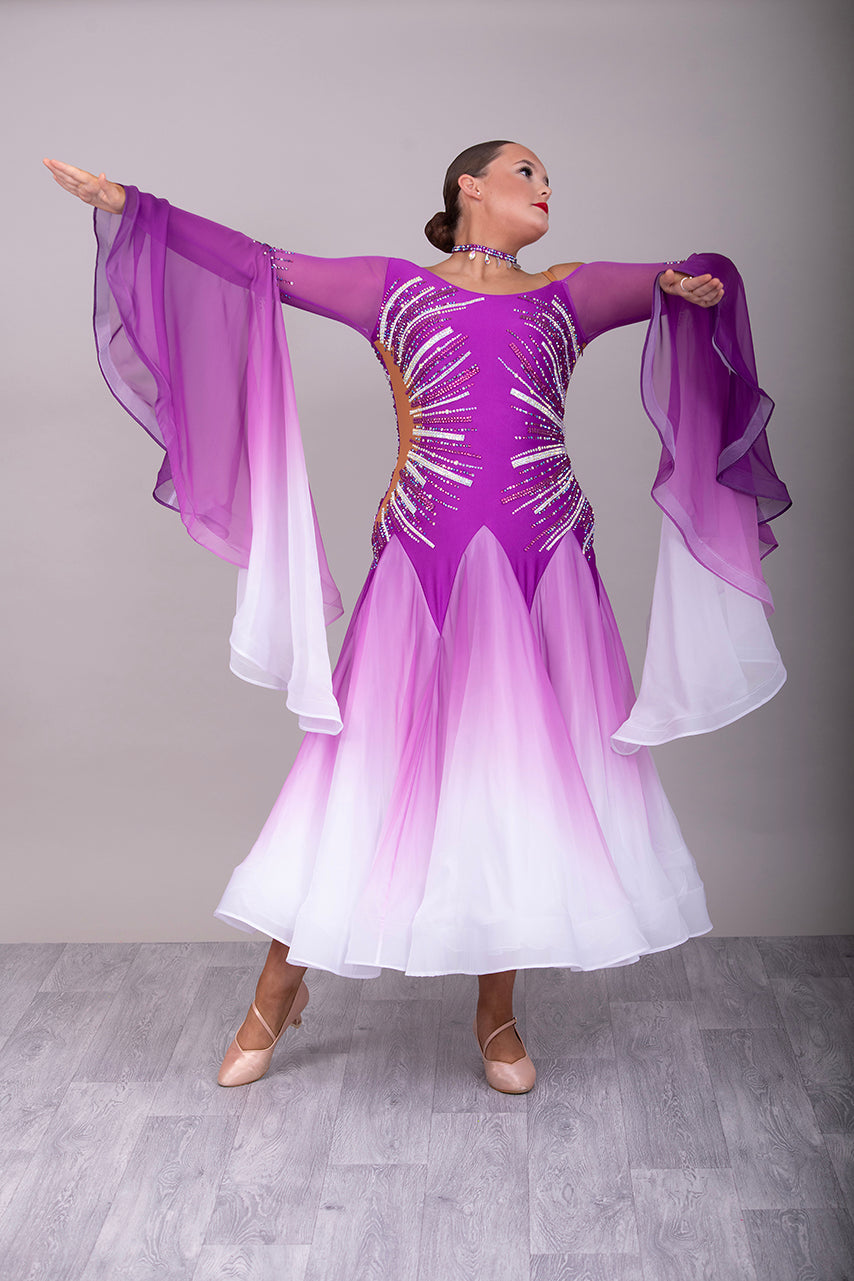 055 Bright Magenta & White Competition Ballroom Dress. Ombré Bell sleeve detail. Stoned in Rose, Rose AB & AB