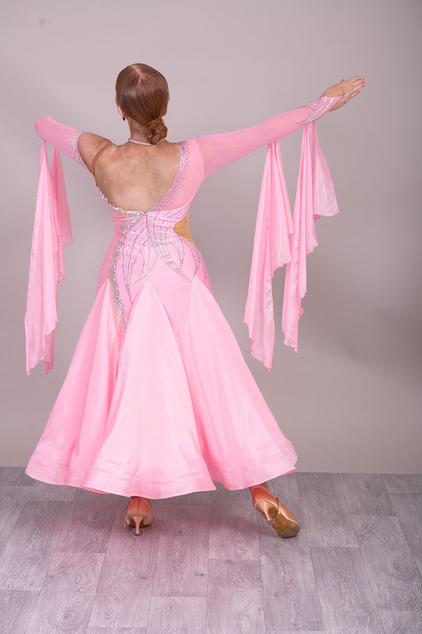 44B TWD PETITE Pale Pink Competition Ballroom/Sequence Dress. Cold shoulder sleeve to 1 side. Heavily Stoned in AB & Light Rose ❤️Showroom Appointments Available❤️