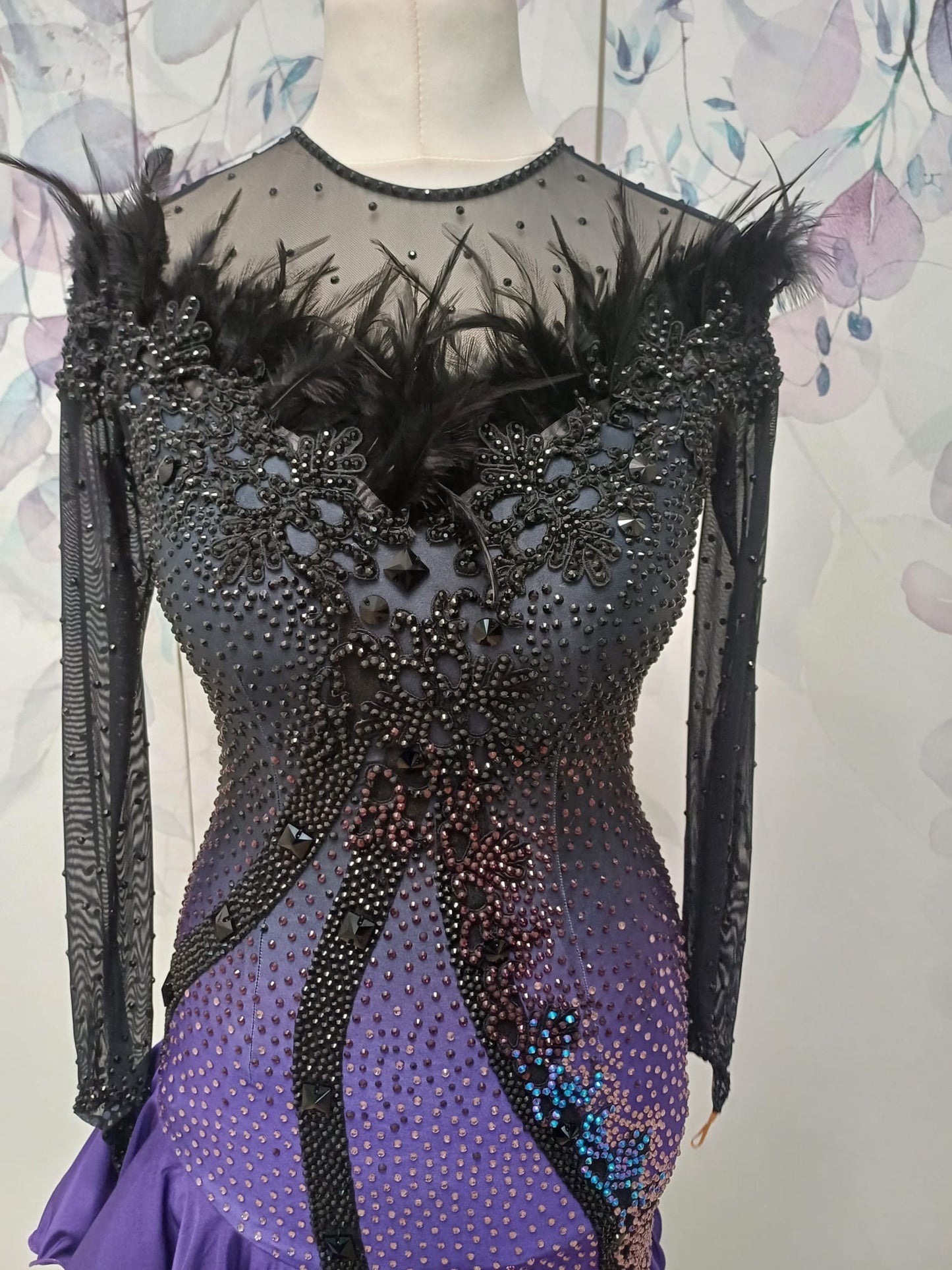 194 Standout Latin Dance Dress. Black to purple ombre with full frill skirt. Decorated with ostrich feather trim, purple & jet stones.