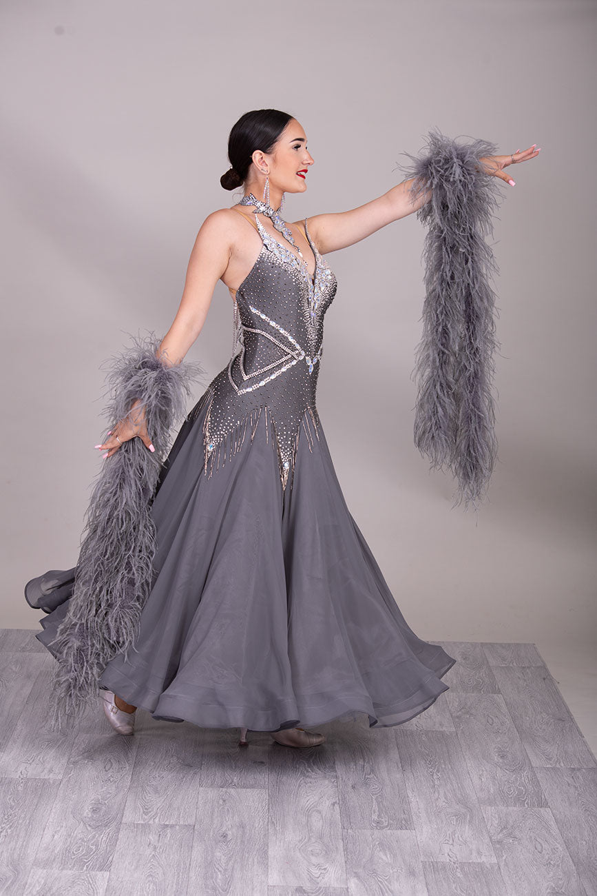 22B “TWD ELITE” New Fuller Skirts/Underskirts Pale grey Ballroom/Sequence Competition Dance Dress. Stunning stone design in Crystal with 3D features to the upper bodice and sides. Detachable Ostrich feather Floats with hanging back detail.