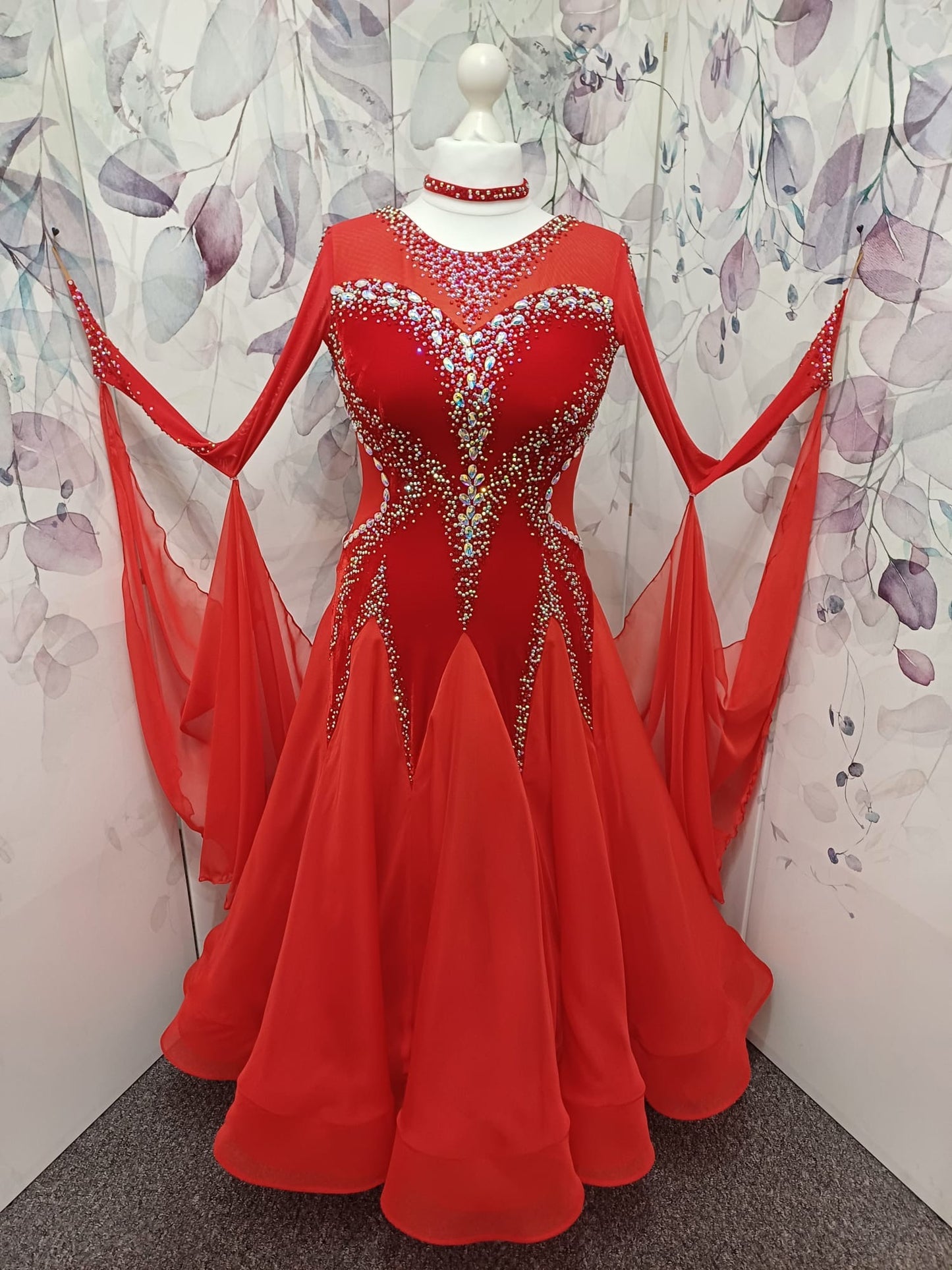 055 Red Competition Ballroom Dance Dress. Red Velvet Panels to the bodice. Heavily decorated in Siam & AB