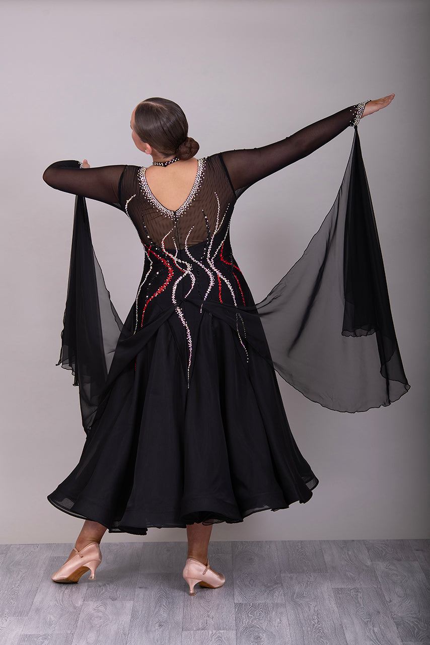 09B Black Ballroom/Sequence Competition Dance Dress. Stoned in Black, AB & Siam. Flesh Lycra under black mesh to Back & upper chest to allow option of wearing own Bra