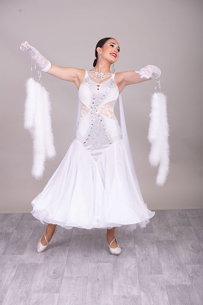 52B TWD “PETITE” Feminine in White with Lace hip inserts Competition Ballroom Dance Dress. Lovely lace Design detail to the upper Bodice. Stoning in AB. Marabou Boa Floats     ❤️Showroom Appointments Available❤️