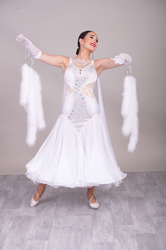 52B TWD “PETITE” Feminine in White with Lace hip inserts Competition Ballroom Dance Dress. Lovely lace Design detail to the upper Bodice. Stoning in AB. Marabou Boa Floats     ❤️Showroom Appointments Available❤️