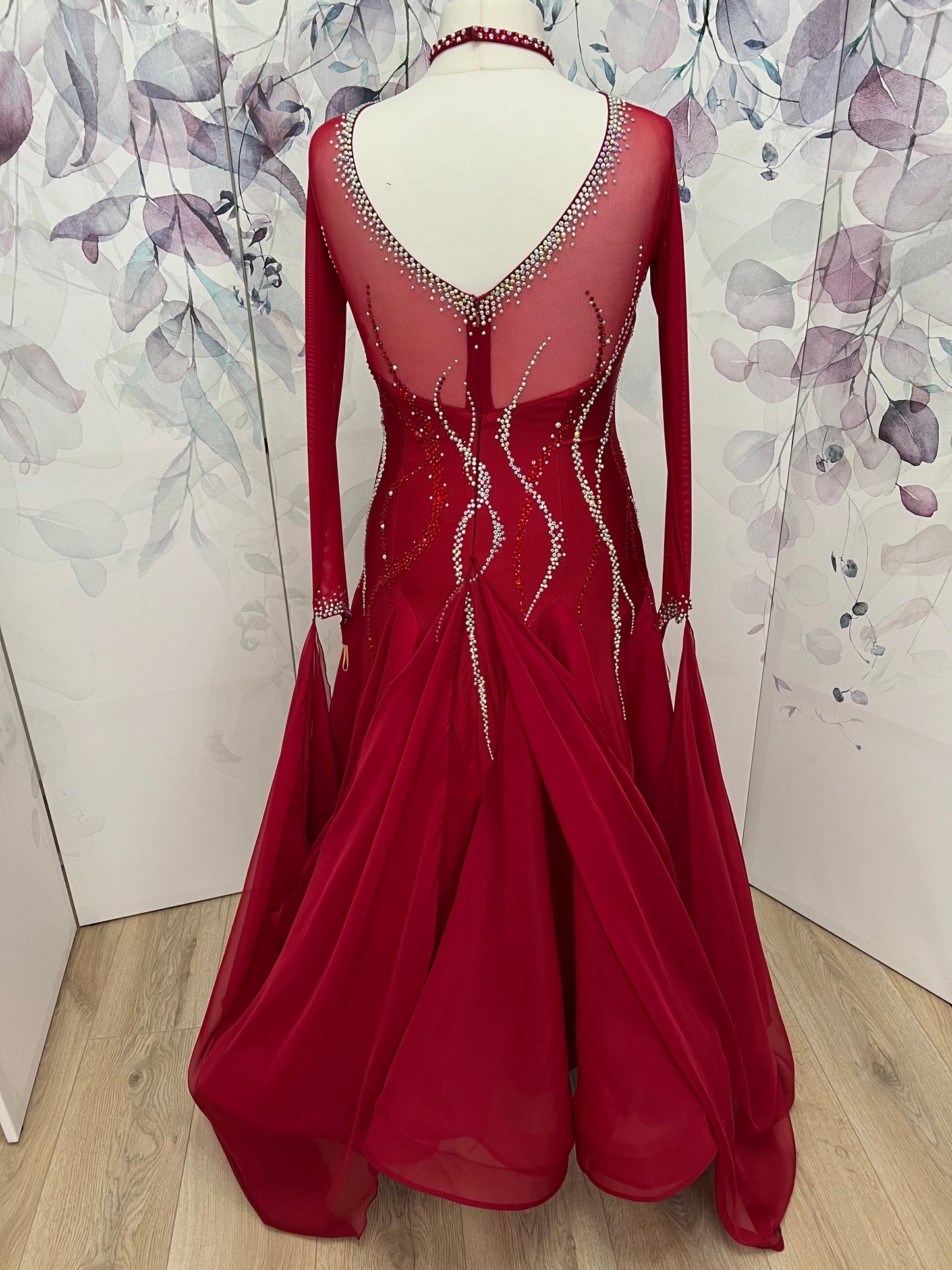 002 Red Competition Ballroom Dress. Detachable floats & back high enough to wear own bra. Stoned in Siam & AB