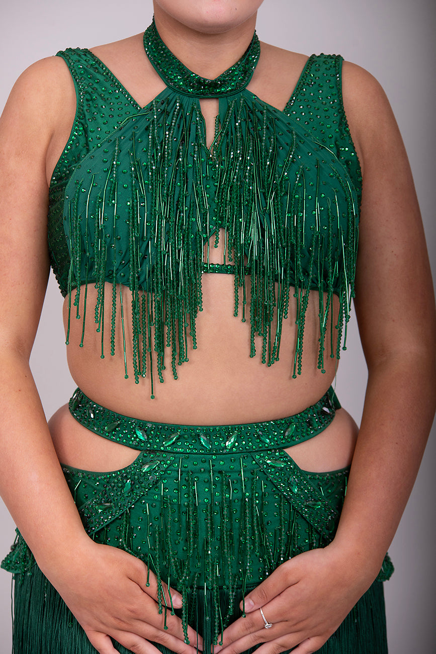 (BUDGET)7 Emerald Latin Competition Dance Dress. stoned in Emerald. droppers to chest & waist with fringe skirts.                                           *****Our New Budget Range are Bought in ready made Costumes, with some detail added by TWDance*****