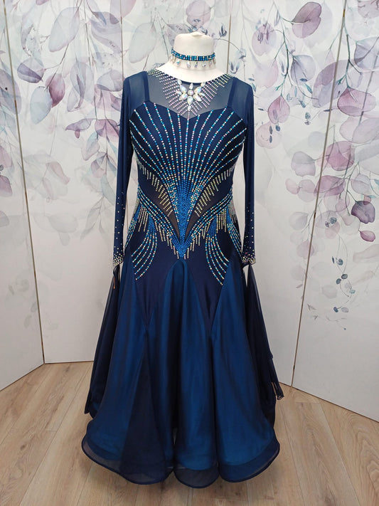 263 Midnight Blue Ballroom Dance  Dress. Heavily stoned in AB, Capri Blue AB & Capri Blue. Detachable floats