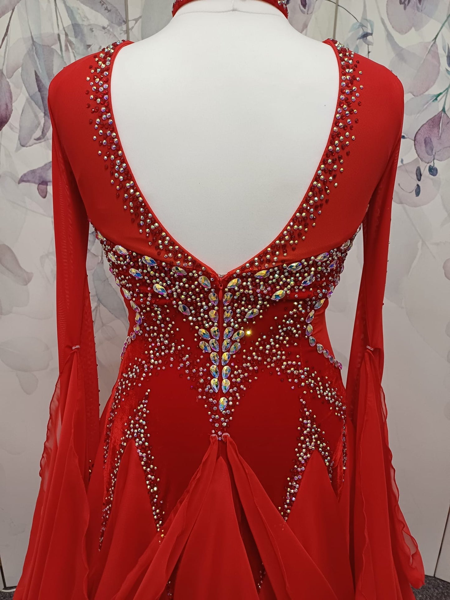 055 Red Competition Ballroom Dance Dress. Red Velvet Panels to the bodice. Heavily decorated in Siam & AB