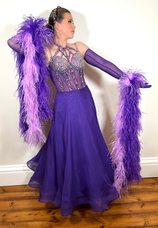0222 Standout Stunning competition Ballroom Dance Dress. Bodice detailing heavily stoned in pinks & purples. Detailed back. Comes with 4 super fluffy Ostrich feather boa floats (detachable)