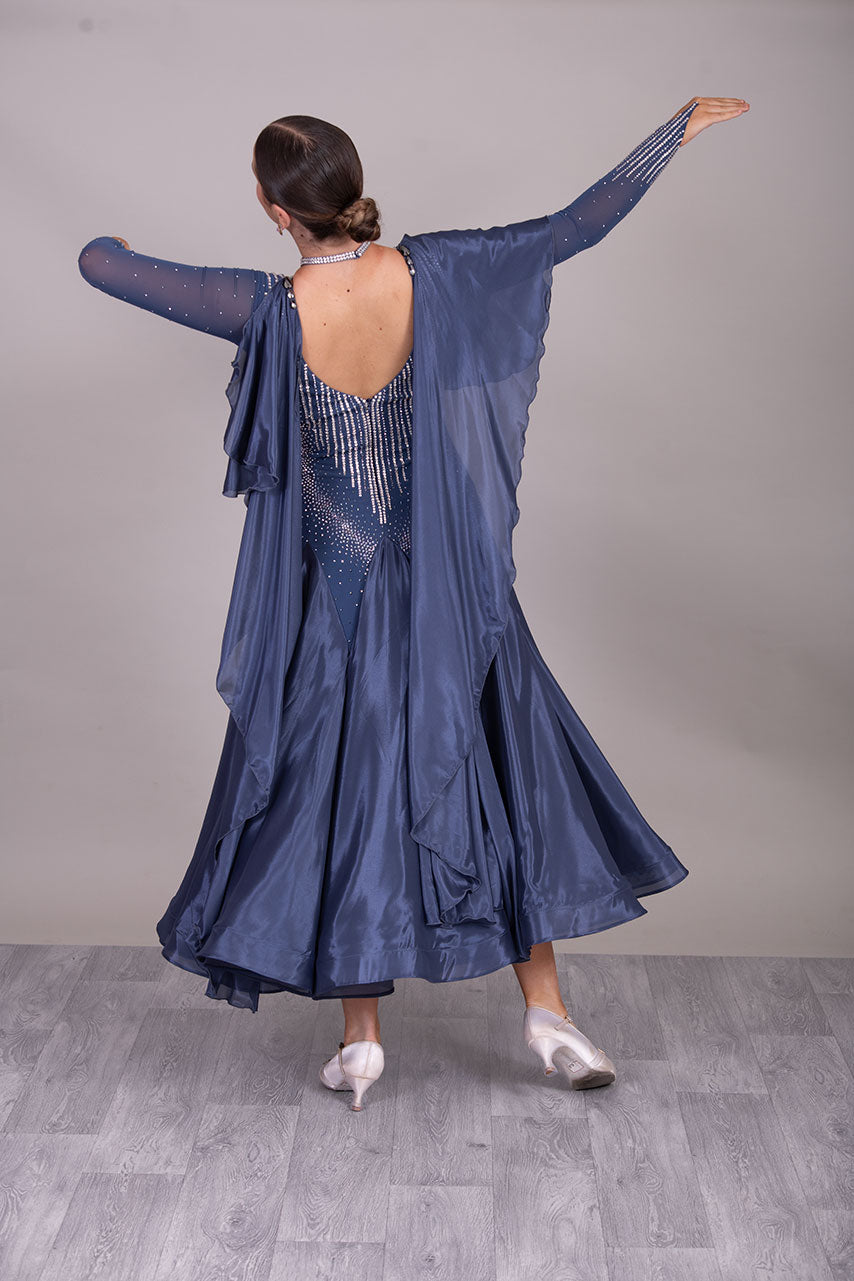 20B Blue/Grey/Steel Coloured Ballroom/Sequence Competition Dance Dress. Cape Detail to front & Shoulders. Stoned in Crystal & Blue Lotus Purple
