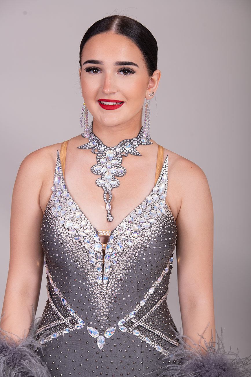 22B “TWD ELITE” New Fuller Skirts/Underskirts Pale grey Ballroom/Sequence Competition Dance Dress. Stunning stone design in Crystal with 3D features to the upper bodice and sides. Detachable Ostrich feather Floats with hanging back detail.
