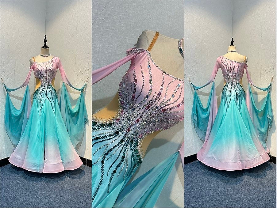 01130 Light Aqua & Baby Pink Ombre Competition Ballroom Dance Dress. Stone with AB & Fuschia. Detachable floats