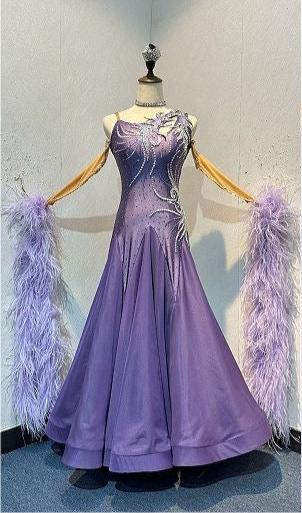 63B Deep Violet Competition Ballroom/Sequence Competition Dance Dress. Heavily stoned in AB, Amethyst & Violet. Motif decoration to upper left shoulder & hip. Feather Boa floats & flesh Gloves. ❤️Showroom Appointments Available❤️