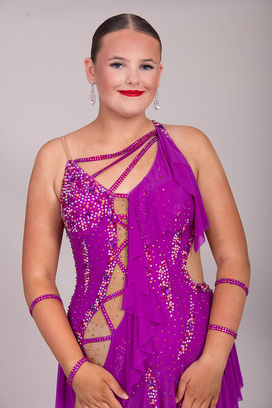 131L BUDGET (20) Hot Magenta Competition Latin Dance Dress. Mesh panelling for full movement. Stoned in Rose, light rose & AB ❤️Showroom Appointments Available❤️