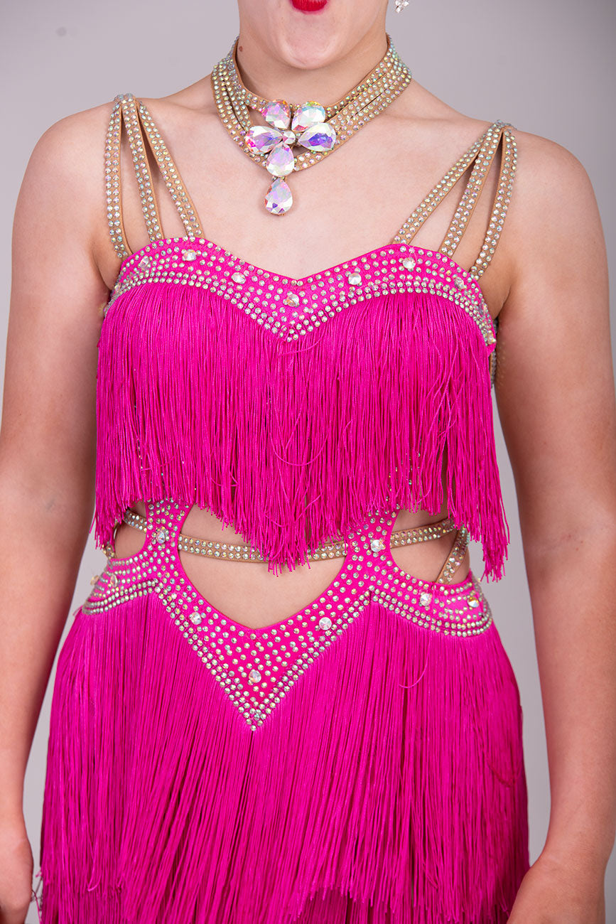 (BUDGET)15Cerise Latin Competition Dance Dress.Full Fringed Skirts with shoulder & waist detailing. 2 Bangles included.                                     *****Our New Budget Range are Bought in ready made Costumes, with some detail added by TWDance*****