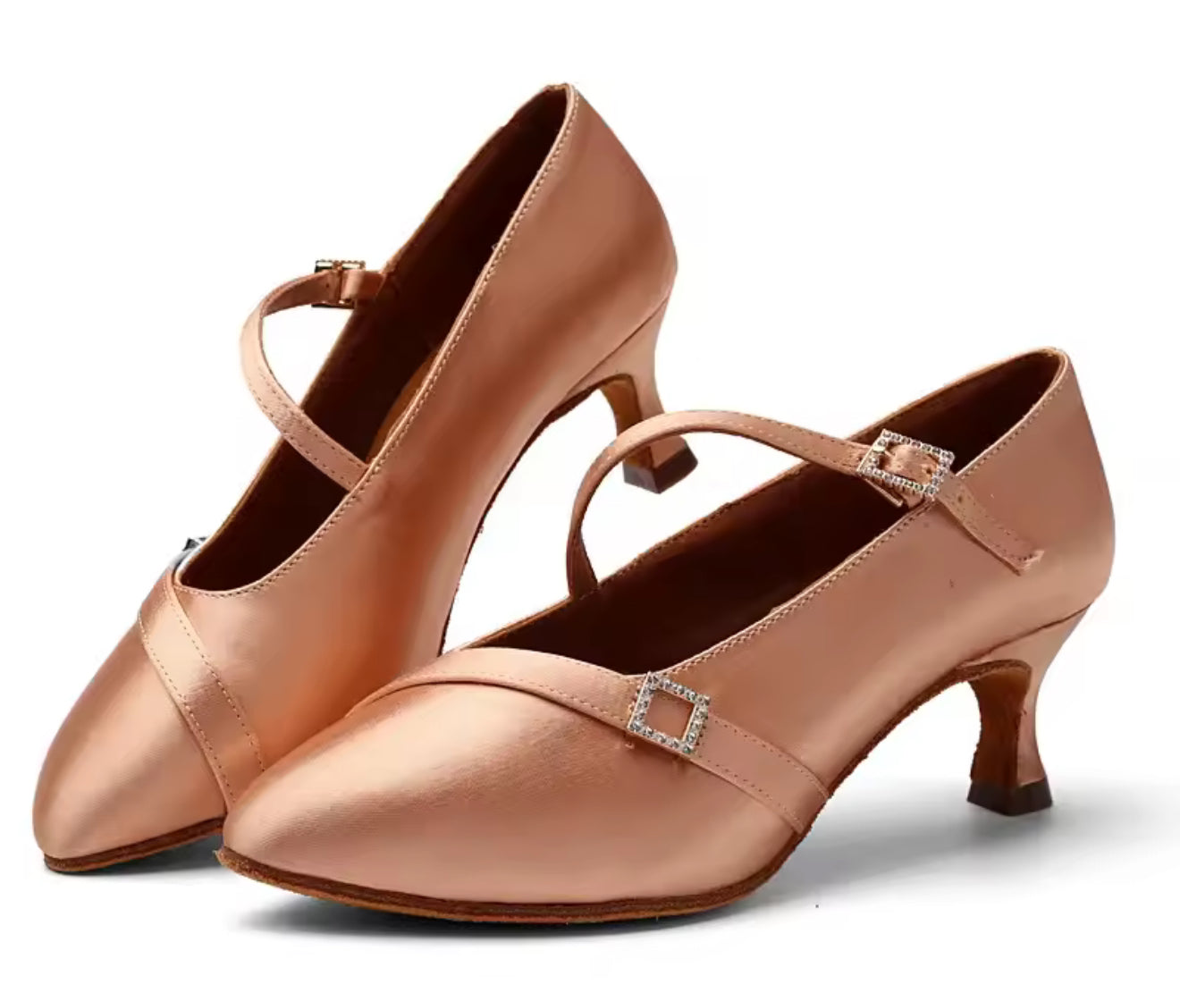 (11) TWD “LULAH” Ballroom Shoes. Flesh Skin Satin with 5.5cm Heel Diamanté Strap & Buckle. Shoes come Boxed Includes a “Black Shoe Bag” pair of plastic feet protectors to try Shoes on for Size, Fit & Comfort.