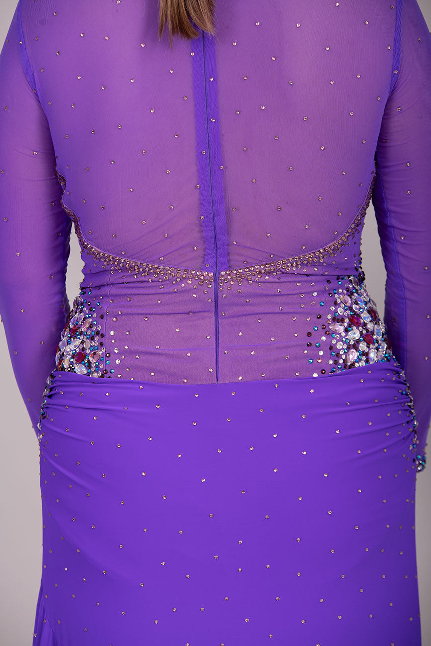116L Stand Out Purple Competition Latin Dance Dress. Hanging strap detail to the front with stone detail in Purple velvet, AB & light amethyst AB.  High Back to give option of wearing own bra