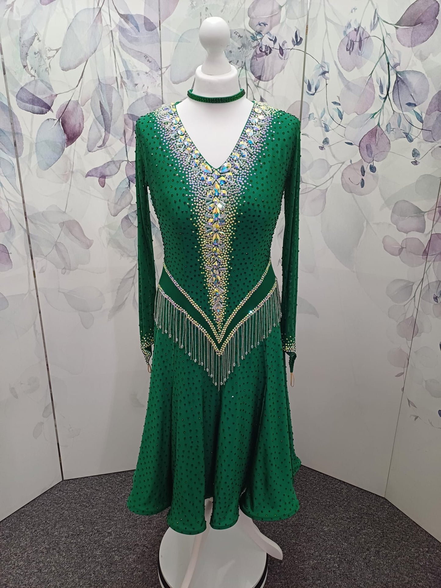 113L Jade Green Competition Latin Dance Dress. Super Full skirts. Heavily stoned in a very flattering design in AB & Emerald with Bead droppers.  High Back to give option of wearing own bra