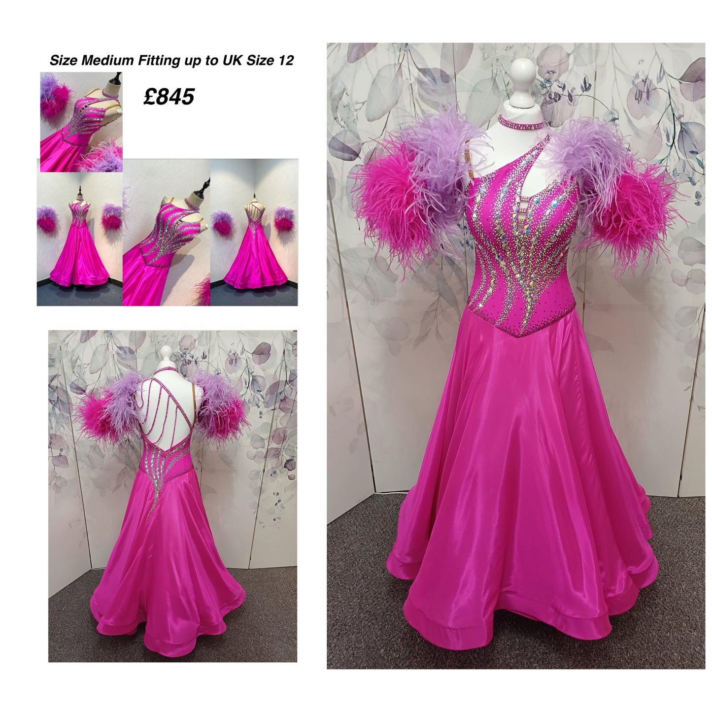 005 Cerise Pink Competition Ballroom Dance Dress. Heavily stoned in AB and Fuchsia & lilac. Comes with ostrich cuffs in Lilac & Cerise. Beautiful back detail.