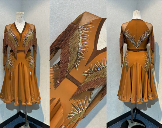 43L Classy Tan & Gold with Chocolate accents Competition Latin Dance dress .Stoned in Chocolate & AB. High back with mesh on Lycra detail giving option to wear own bra. ❤️Showroom Appointments Available❤️