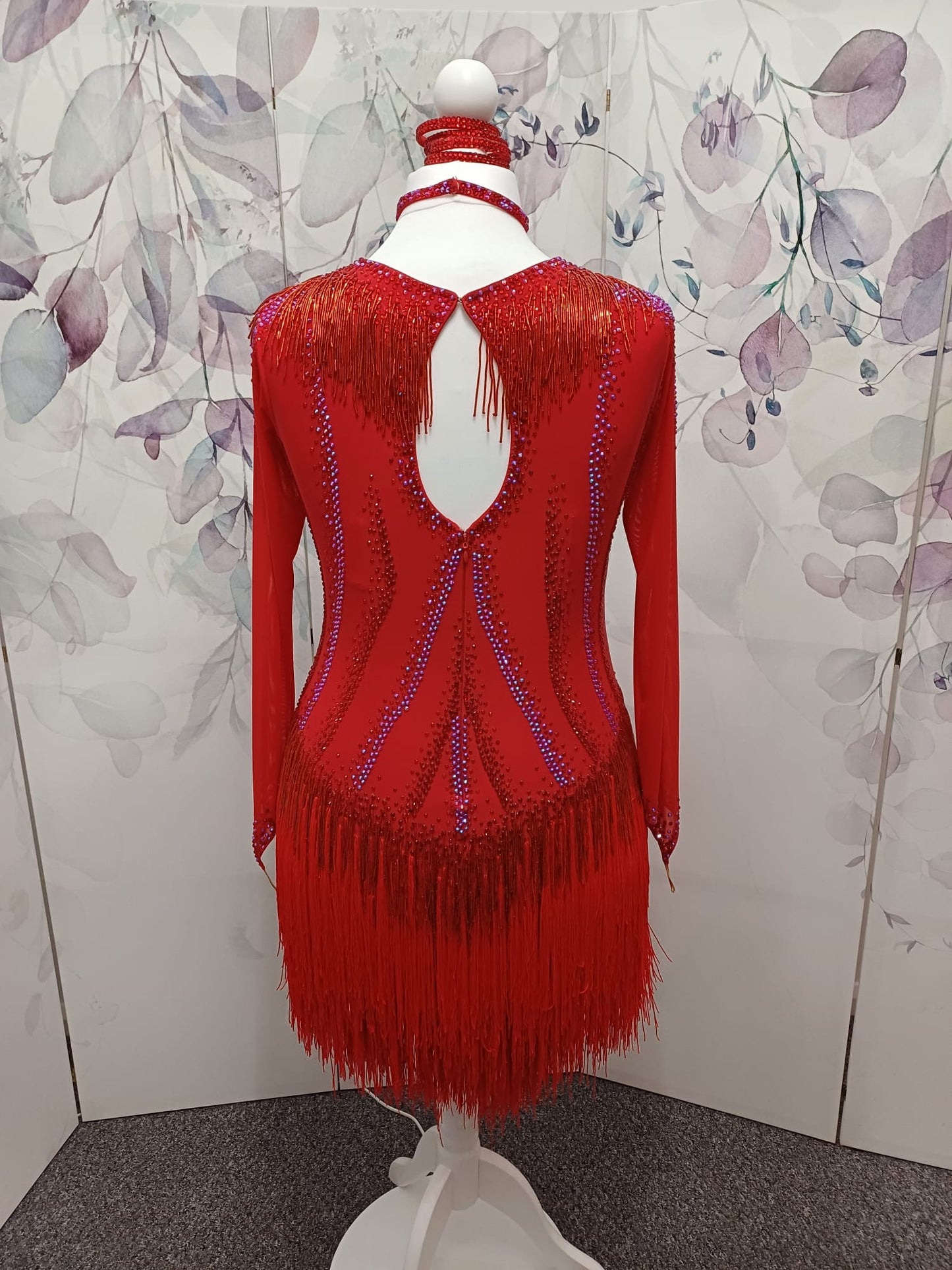 01170 Red Competition Latin Dance Dress. Red Fringe & Bead Droppers heavily stoned in Siam & Siam AB with Keyhole back feature