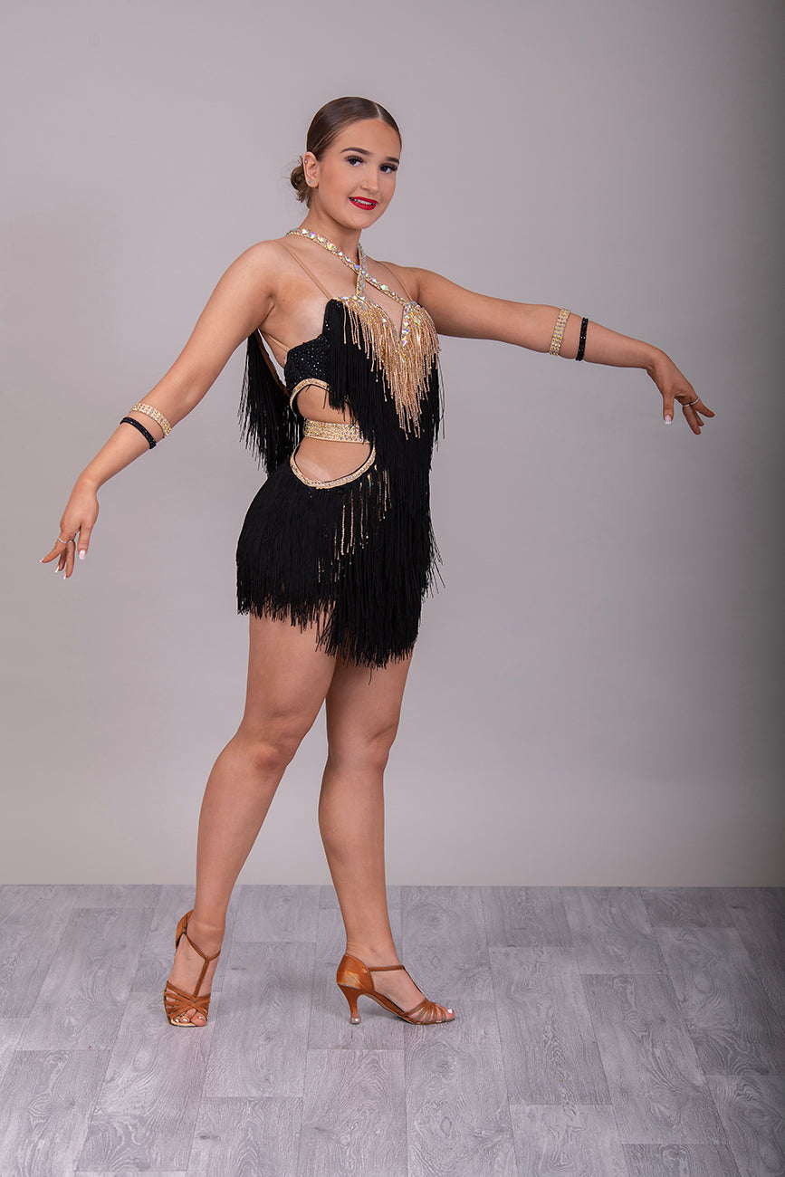 (BUDGET)3 Black & Gold Latin Competition Dance Dress. Full Fringed Skirts. Comes with optional belt & Bracelets                                     *****Our New Budget Range are Bought in ready made Costumes, with some detail added by TWDance*****