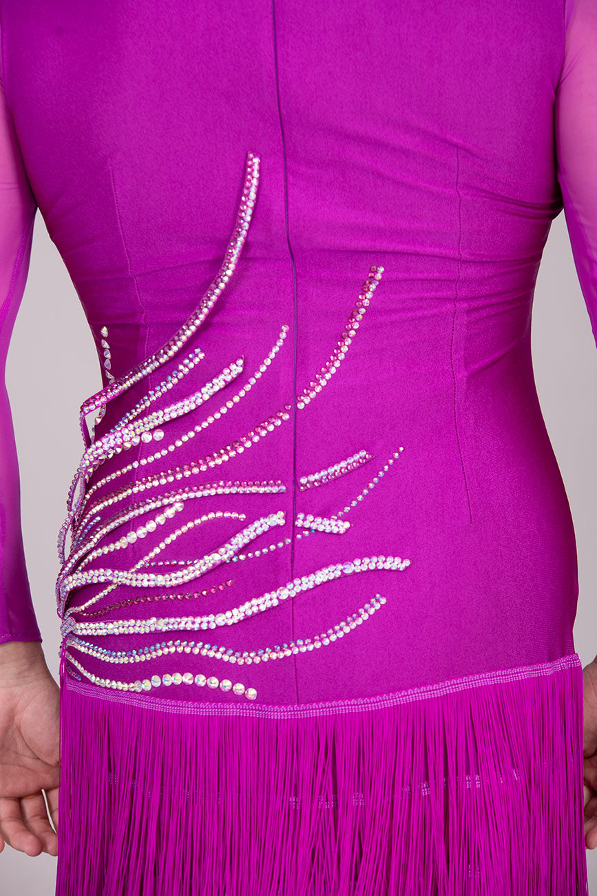 123L Hot Magenta Competition Latin Dance Dress. Flattering Hip Design with full back for option of wearing own Bra & full fringed skirts.