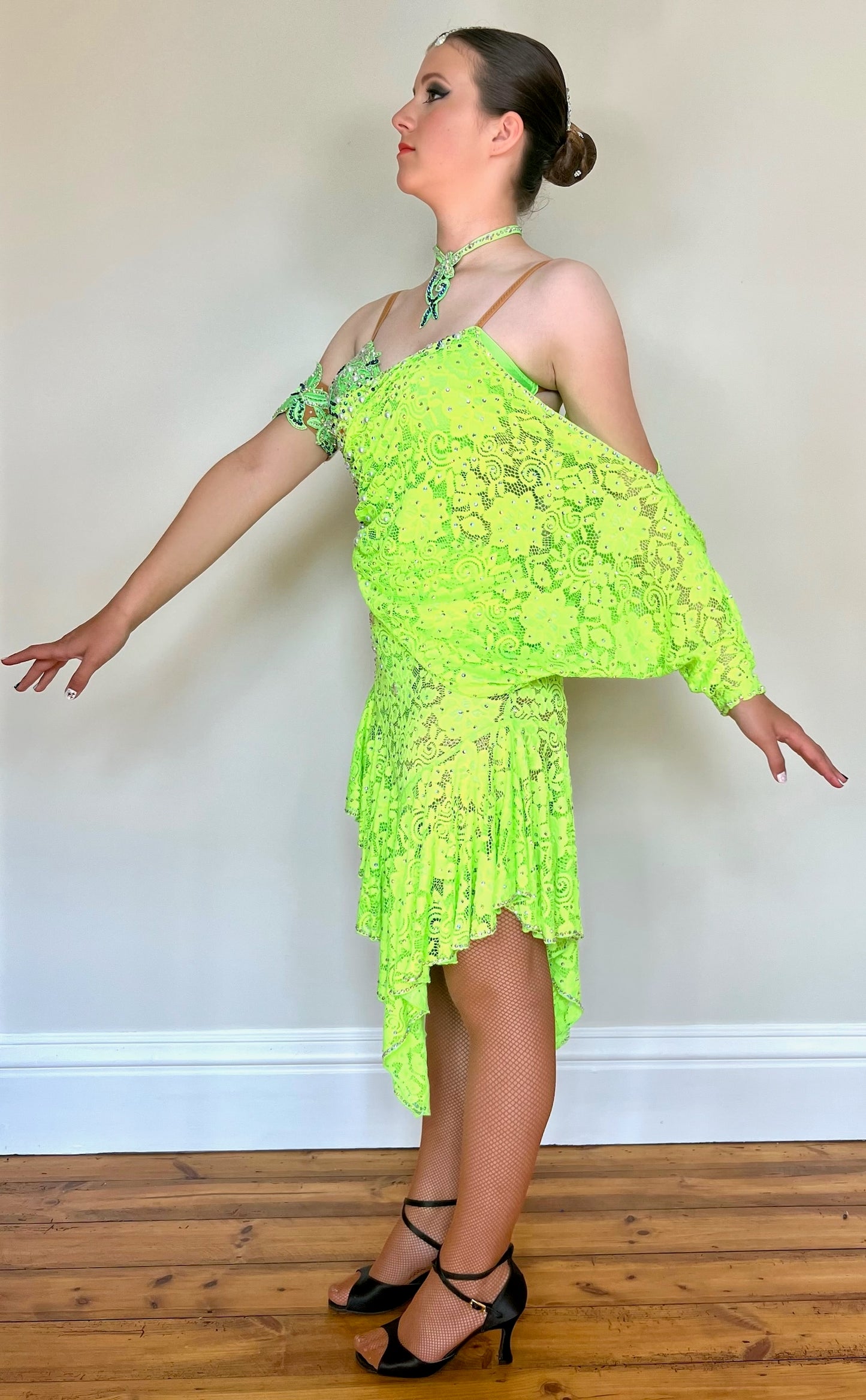 096 Flo Green full sleeve all over lace Latin Dress. Decorated in green & AB stones.u