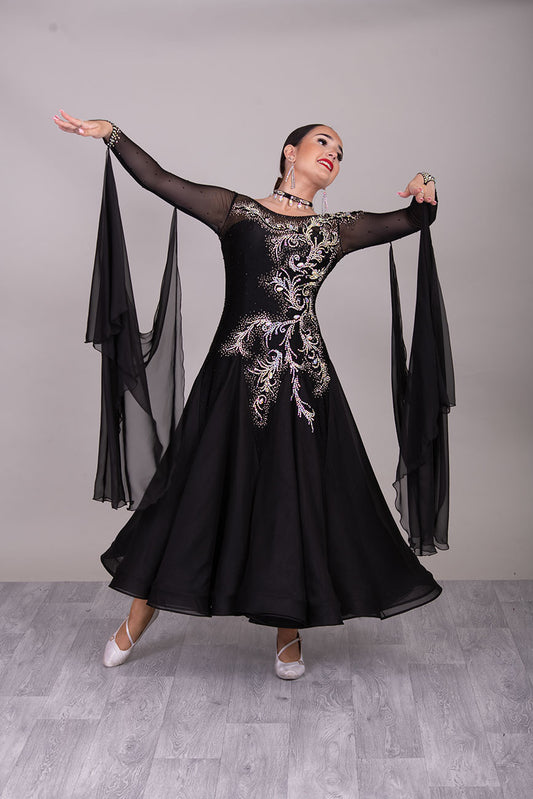 42B TWD PETITE Black Competition Ballroom/Sequence Dress. Striking Motif & Stone Design all over. 
Heavily Stoned in AB & jet❤️Showroom Appointments Available❤️