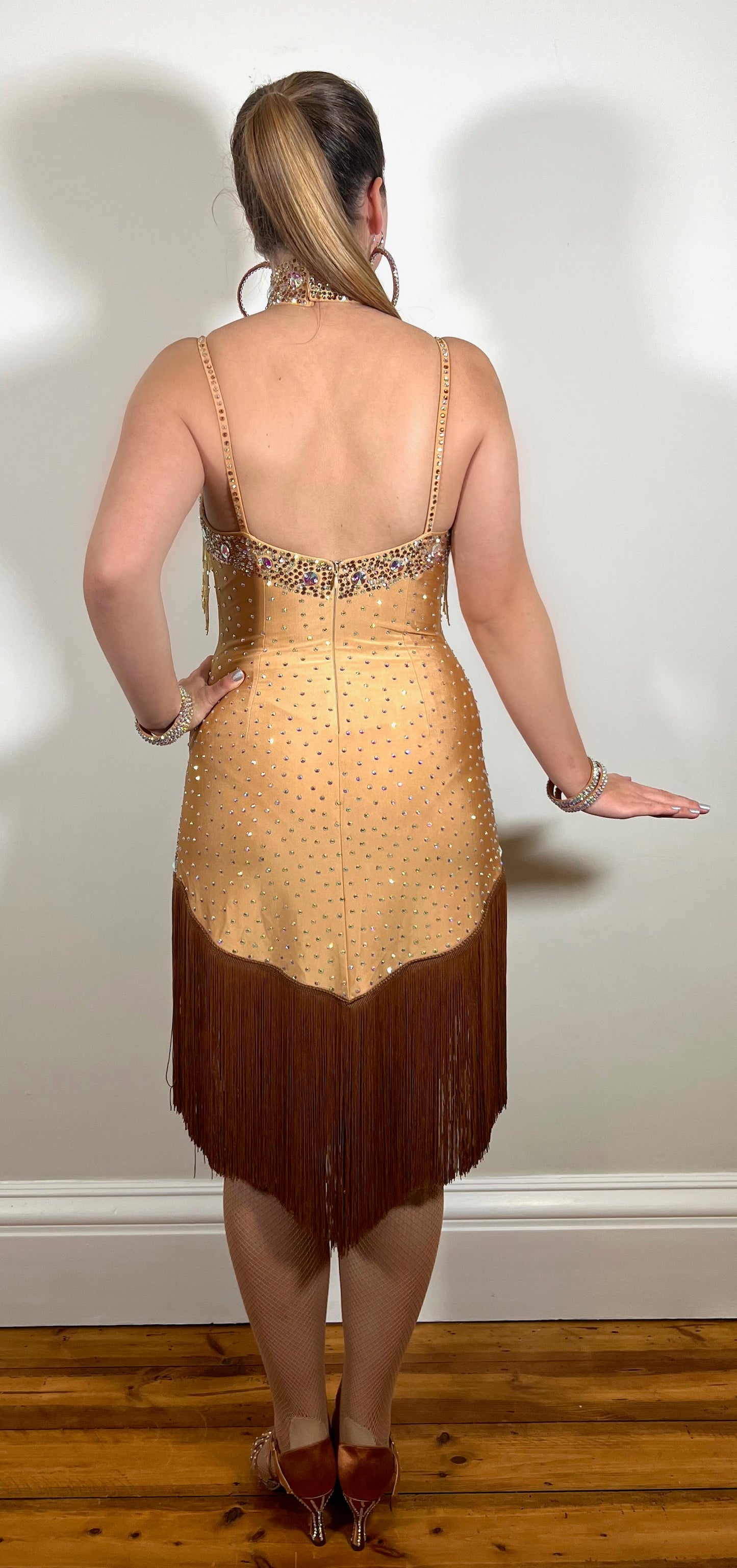 049 Light Gold & Chocolate Fringed Latin Dress. Bugle beading detail to the chest & hips. Stoned in Aurum, smoked topaz & sunshine.