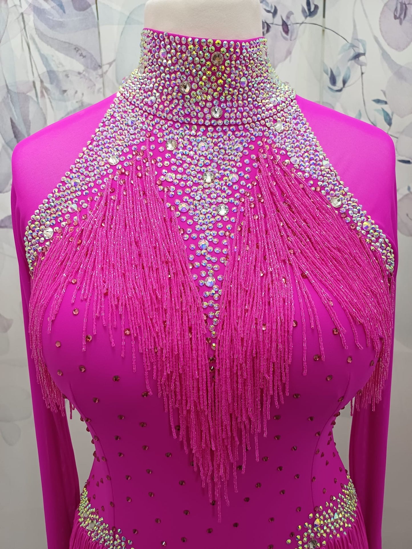 52L Striking Pink Competition Latin Dance Dress. Full fringed skirts with heavy stoning detail in AB & Rose. Flattering bodice shaping. ❤️Showroom Appointments Available❤️