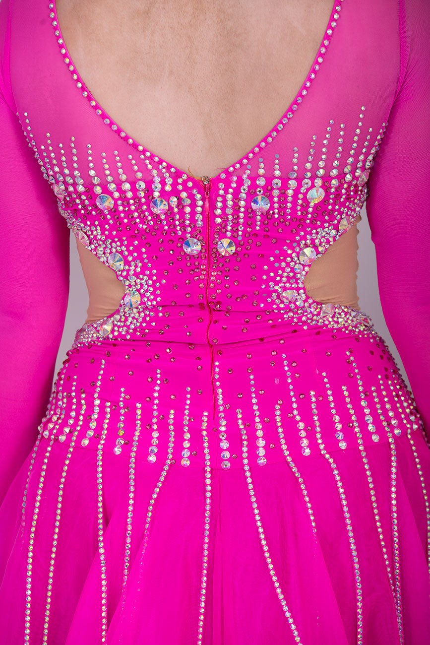 00002 Fuchsia Pink flesh side panel Ballroom Dress. AB stoned material droppers from the waist stoned with Ab throughout