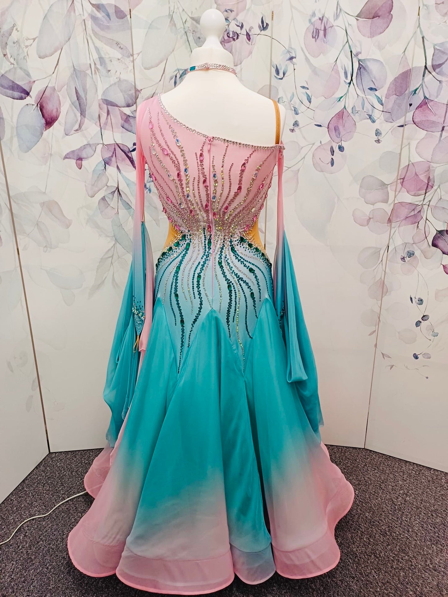 01130 Light Aqua & Baby Pink Ombre Competition Ballroom Dance Dress. Stone with AB & Fuschia. Detachable floats