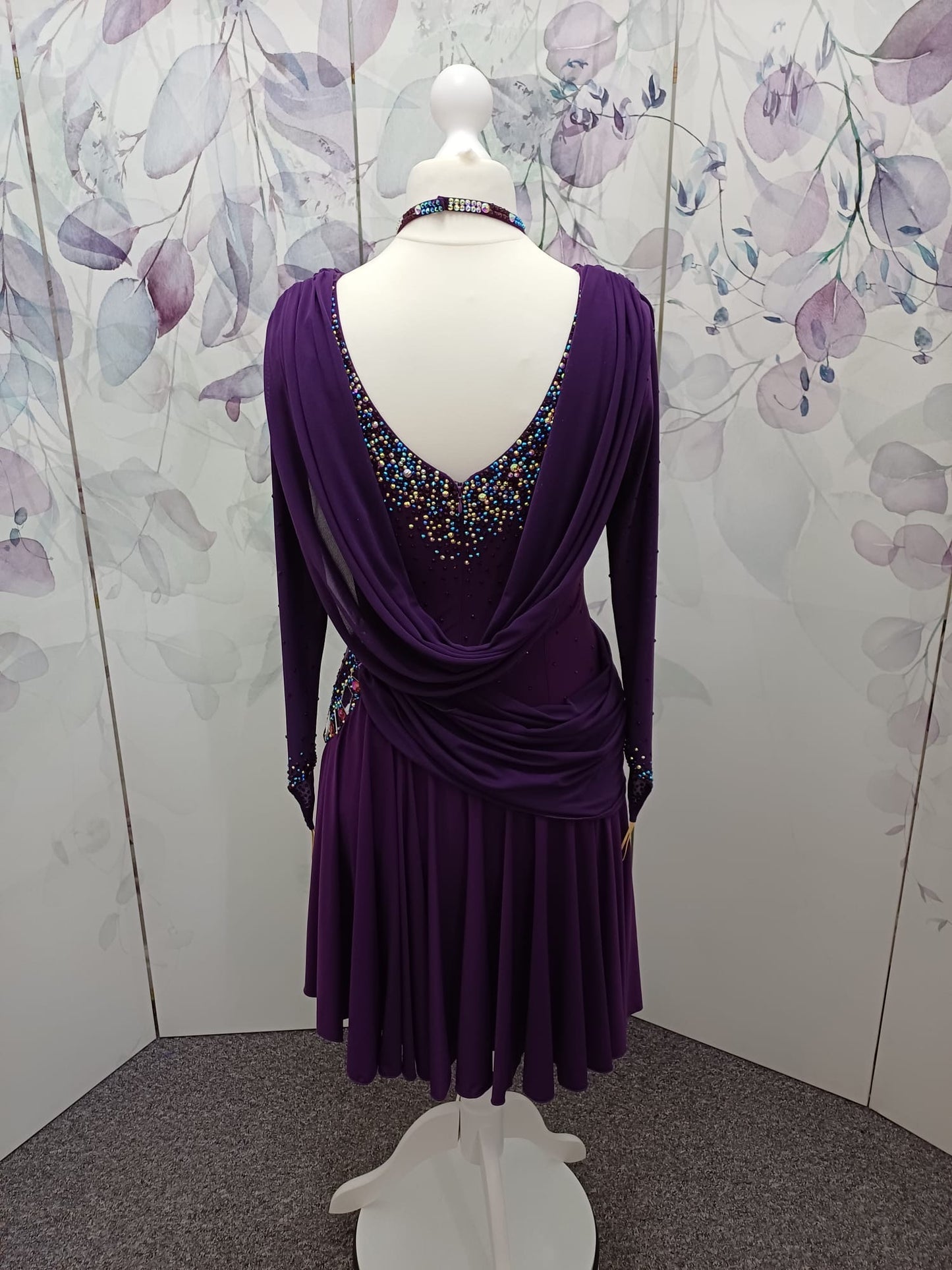 66L Plum Competition Latin Dance Dress. Heavily stoned with AB, Amethyst & Amethyst AB with mirrors. Sash detail to front, back & hip. Could be removed. High back to wear own Bra. ❤️Showroom Appointments Available❤️