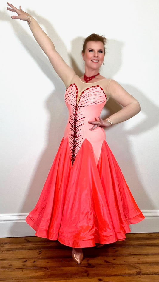 203 Bright Orange & Peach Ballroom dress. Stoned with hyacinth, light peach & sunshine.