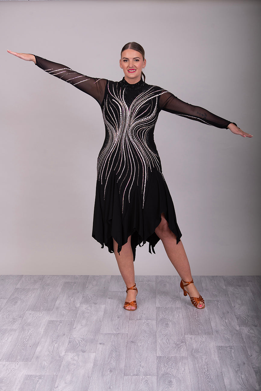 065 Black Competition Latin Dance Dress. Stunning heavily stoned design in AB & Jet. High back to allow the option to wear own bra