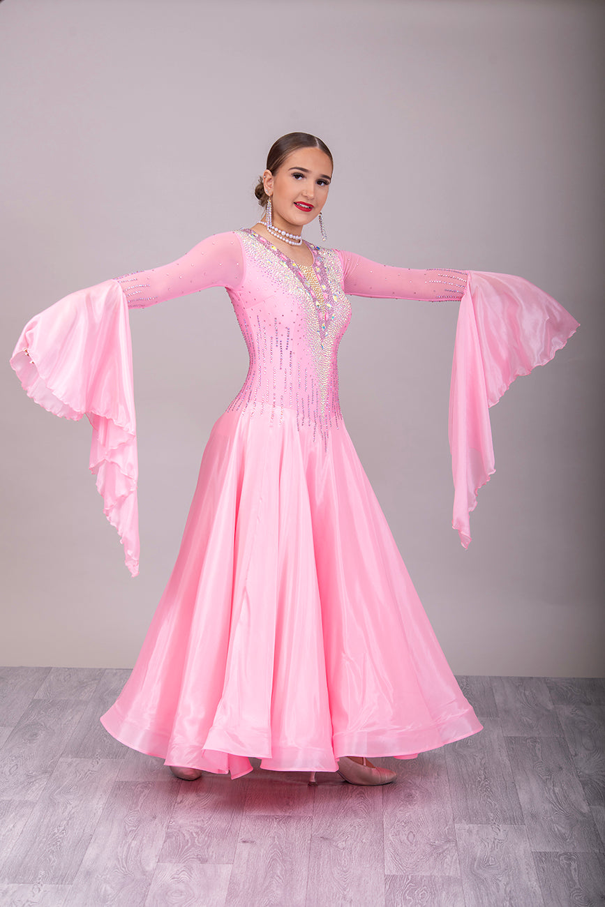 01B Ballroom/Sequence Competition Dance Dress. Sugar Pink Pearl Chiffon stoned in AB & Light Rose. Comes with Pearl Necklace. Filled in mesh back for modesty.
