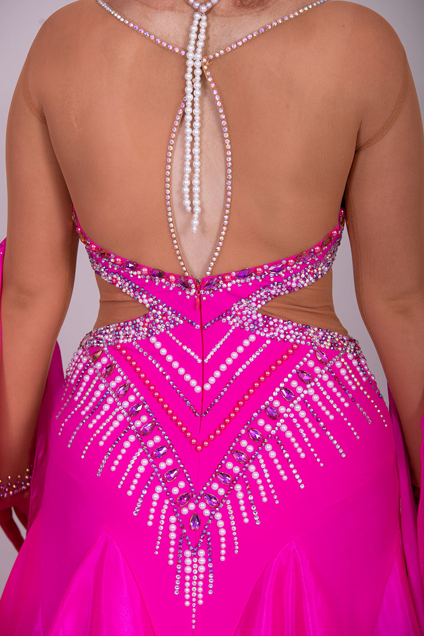 53B Cerise Pink & Tan Competition Ballroom Dance Dress. Stoned in Rose & AB with Pearls. Overall stunning design. ❤️Showroom Appointments Available❤️