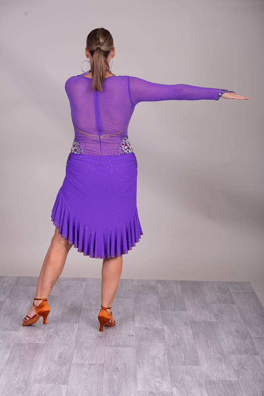 116L Stand Out Purple Competition Latin Dance Dress. Hanging strap detail to the front with stone detail in Purple velvet, AB & light amethyst AB.  High Back to give option of wearing own bra