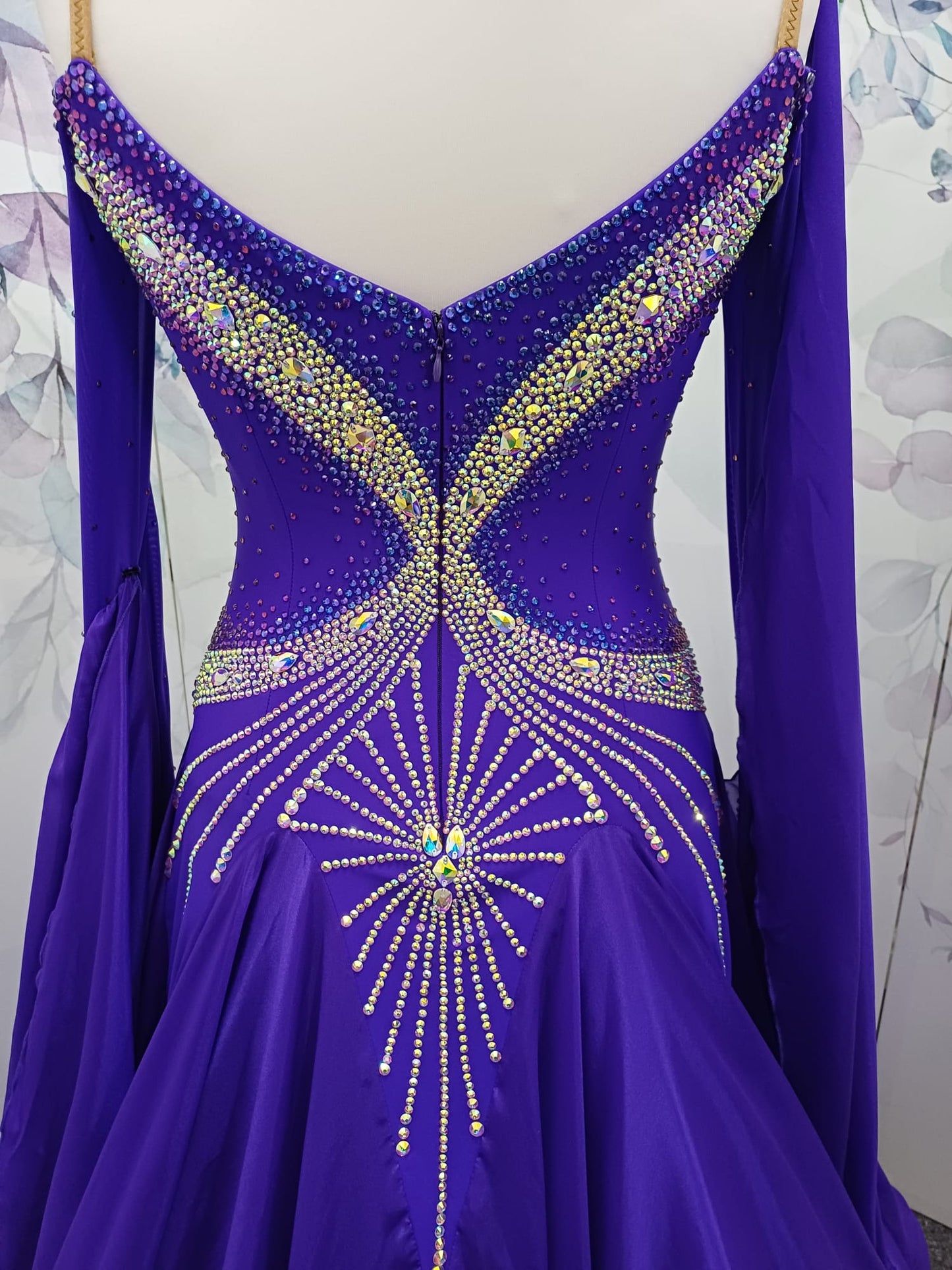 62B TWD ELITE & PETITE New fuller skirts. Purple Competition Ballroom/Sequence Competition dance dress. Heavily stoned in AB & Purple. Detachable floats.