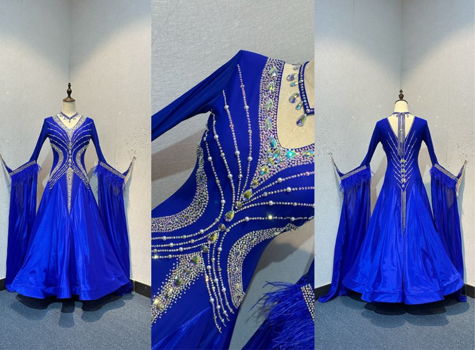 63B Cobalt Blue Competition ballroom dance dress. Heavily stoned in a flattering pattern in AB & Sapphire. detachable floats with high back to give option of wearing own bra. ❤️Showroom appointments available❤️