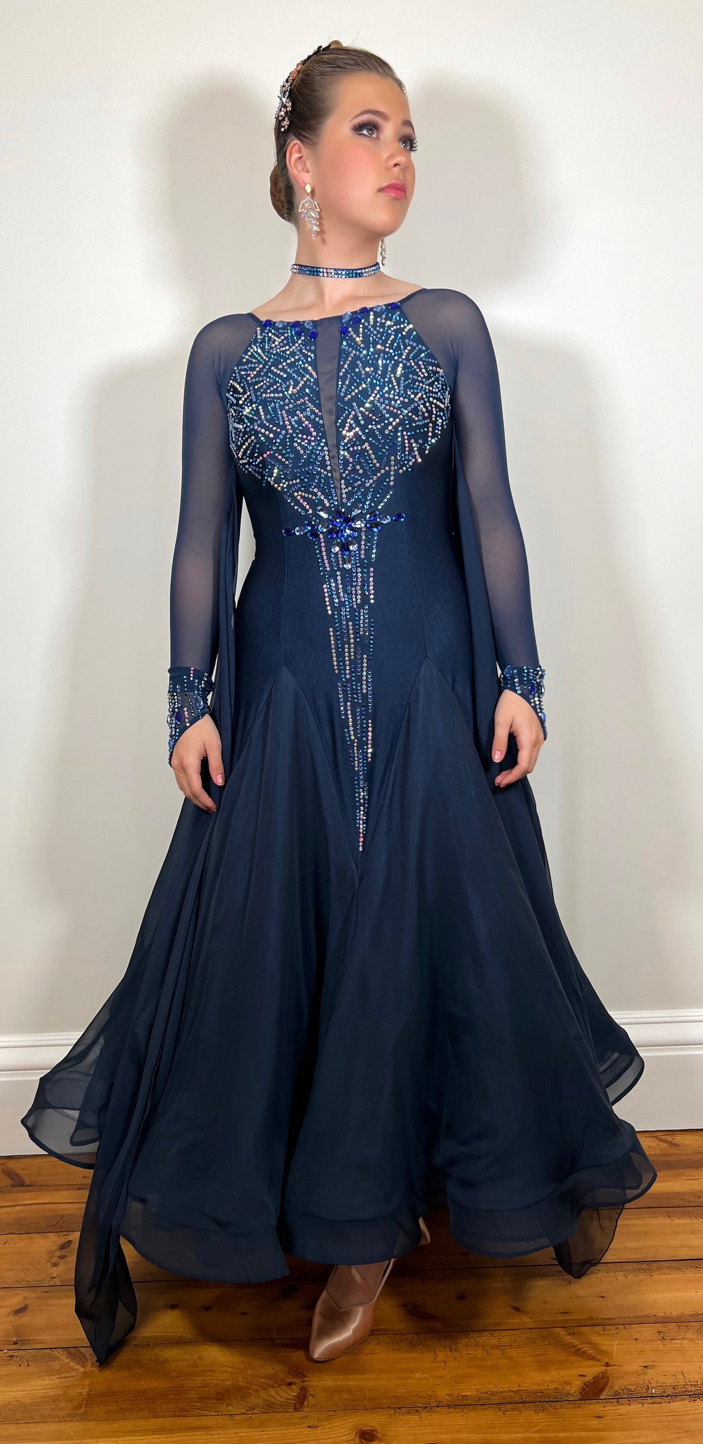 0333 Midnight Blue Competition Ballroom Dress. Stoned with sapphire, capri blue & AB stones. Sophisticated & demure.