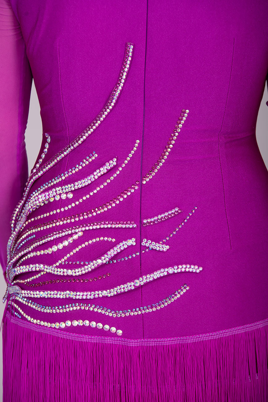 123L Hot Magenta Competition Latin Dance Dress. Flattering Hip Design with full back for option of wearing own Bra & full fringed skirts.