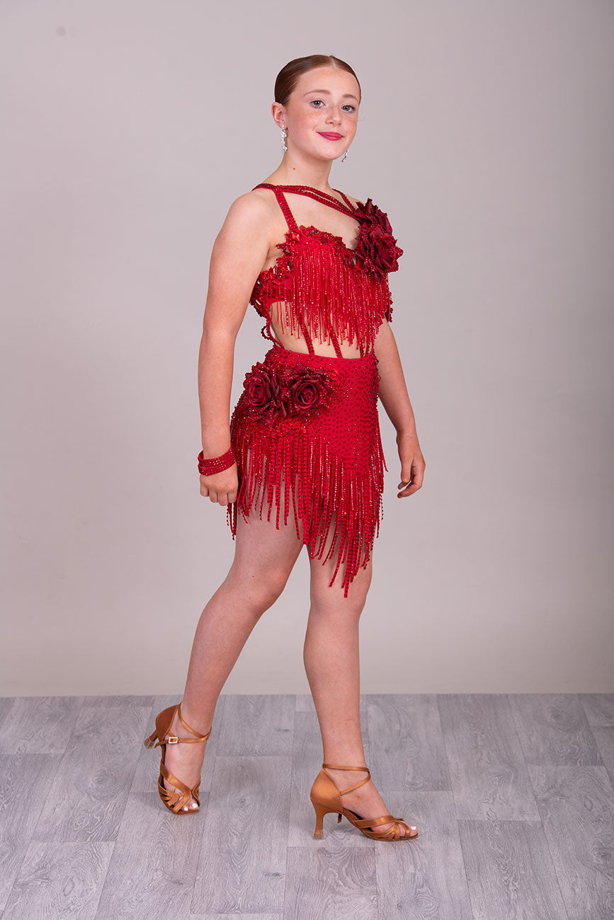 (BUDGET)13 Deep Red Competition Latin Dance Dress. Full of Red stoned fabric tassels & stoned motifs on the Bra style top. Heavily stoned flowers & strap detailing finish the top off. Skirt has flower to the Hip with stoned motifs and fabric strips over.