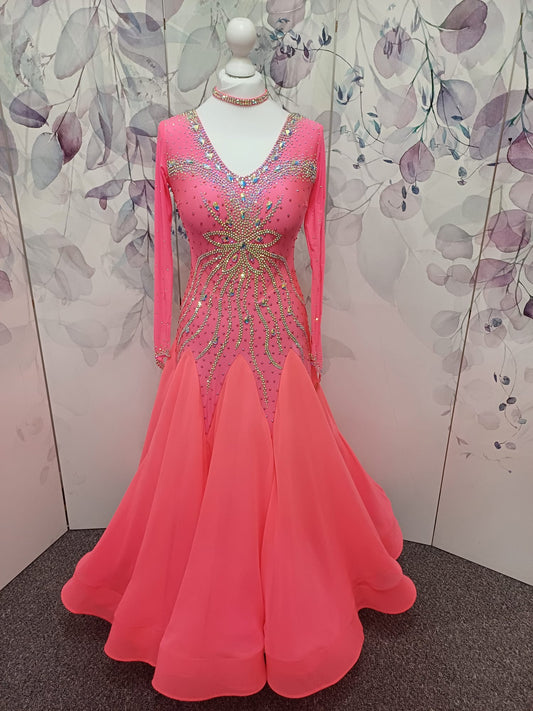 010 Coral Competition Ballroom Dance Dress. Heavily stoned in AB & Hyacinth AB. Comes with Detachable floats.