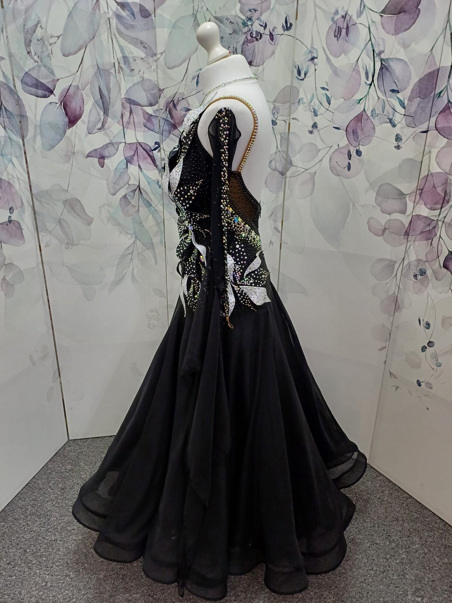 58B Gorgeous Black Ballroom/Sequence Competition Dance Dress. 3D Design to right side of bodice. Heavily stoned in jet & AB. ❤️Showroom Appointments Available ❤️