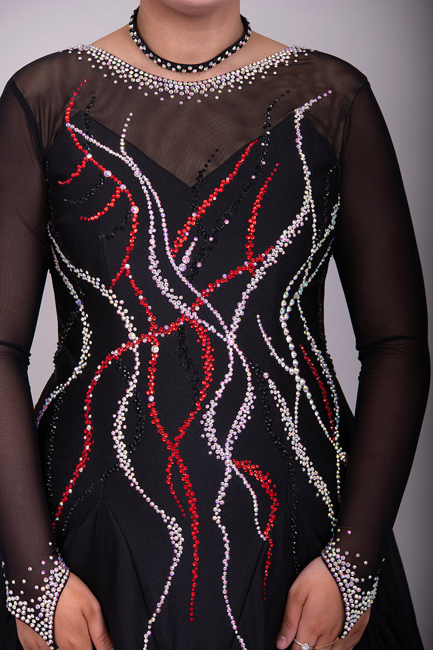 09B Black Ballroom/Sequence Competition Dance Dress. Stoned in Black, AB & Siam. Flesh Lycra under black mesh to Back & upper chest to allow option of wearing own Bra
