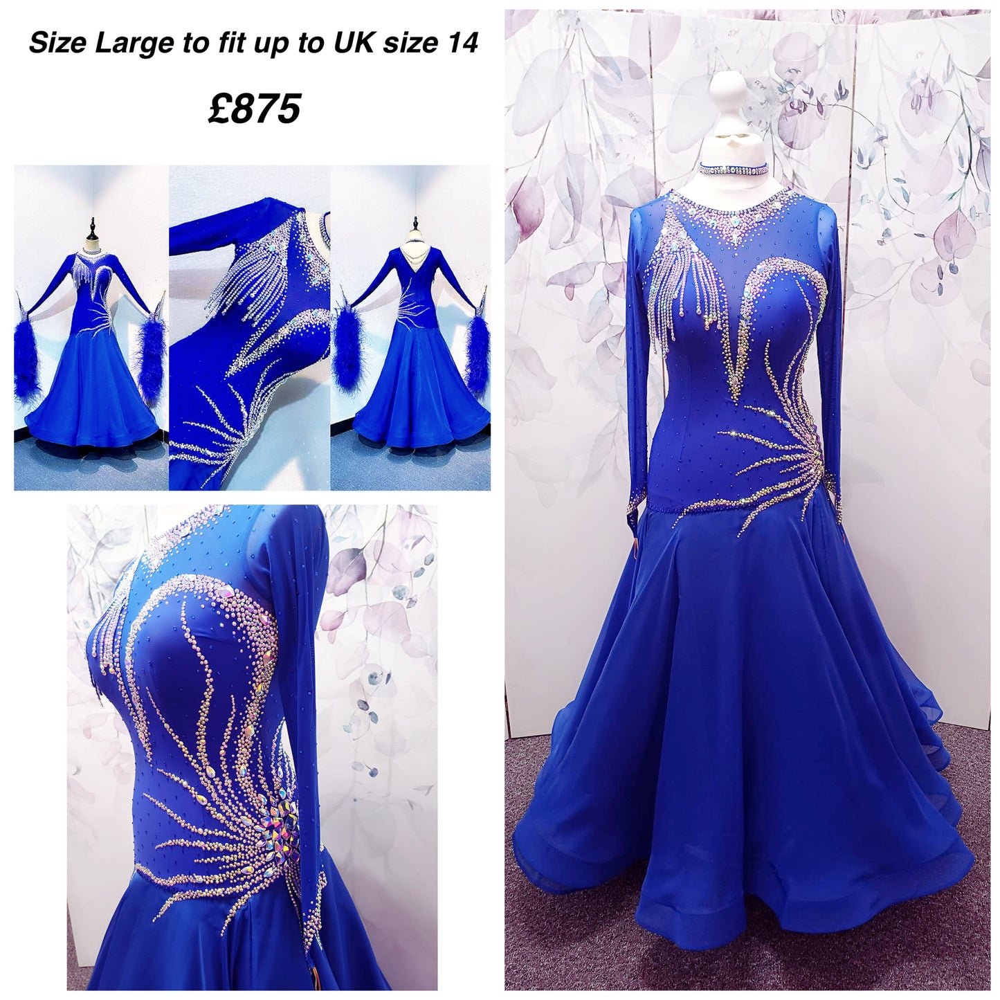 098 Royal Blue Competition Dance Dress. Heavily stoned with AB & Sapphire. Hanging strip details to upper right chest. High back giving option to wear own bra.