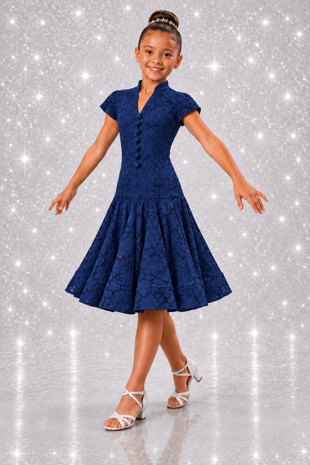152J Navy Blue Lace 1 Piece Latin Dress Competition Number Wallet & Decorative Pins & Matching Hair Flower **Everything included in Price when full set purchased**
